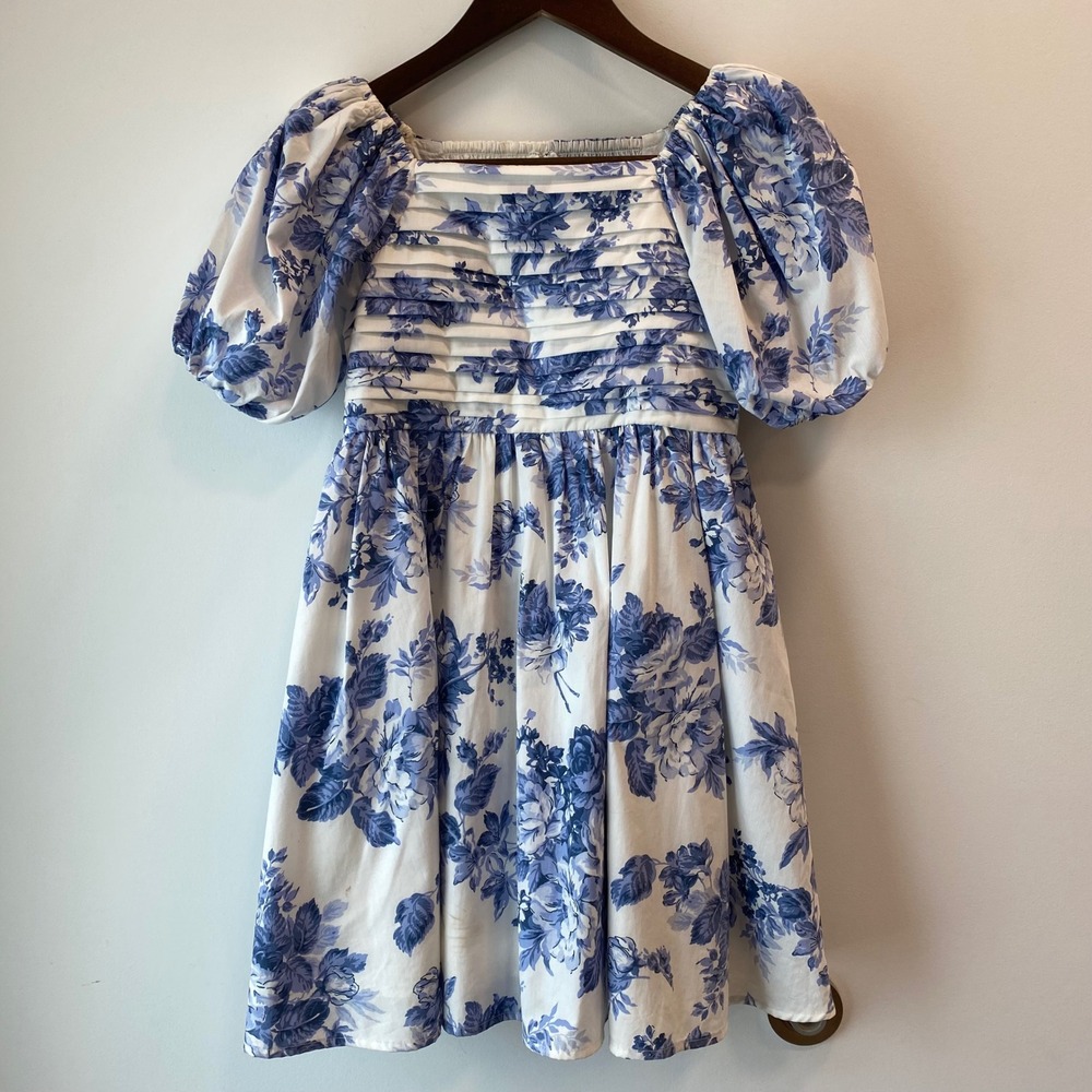 Abercrombie Kids Dress Girls 9/10 Blue Floral Puff Sleeve Smocked Toile Pleated